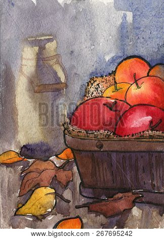 Autumn Still Life Apples Basket Leaves Watercolor