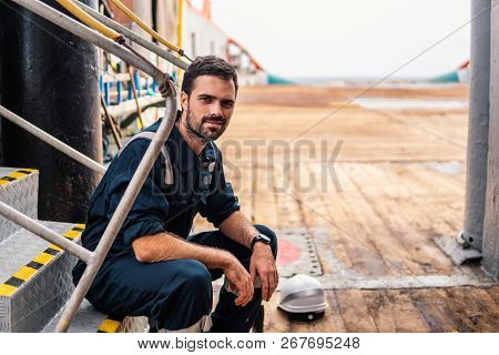 Marine Deck Officer Or Chief Mate On Deck Of Vessel Or Ship