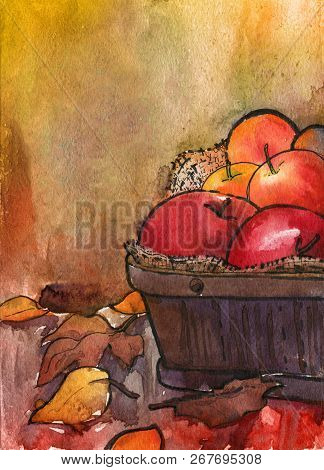 Autumn Still Life Apples Basket Leaves Watercolor Sun