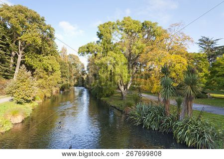 The Avon River As It Passes Through Hagley Park, Christchurch, New Zealand, In Early Autumn. New Zea
