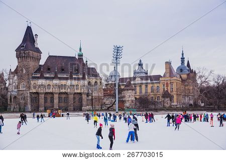 Budapest, Hungary - December 31, 2018: City Park Ice Rink On January 03, 2018 In Budapest, Hungary. 