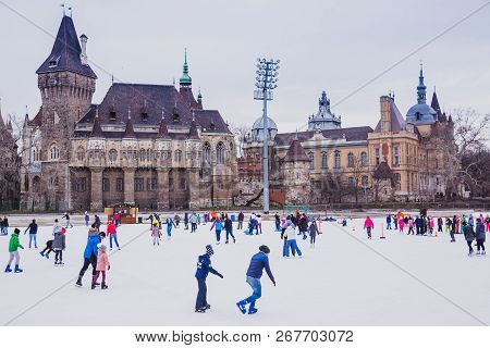 Budapest, Hungary - December 31, 2018: City Park Ice Rink On January 03, 2018 In Budapest, Hungary. 