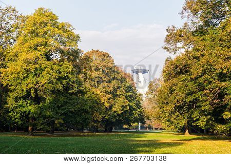 Colorful Trees Of Sad Janka Krala Park In Bratislava, Slovakia. Autumn Sunny Day. Snp Bridge In Back