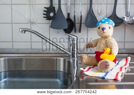 Kitchen Stainless Steel Sink As Swimming Pool - Cute Toy Teddy Bear In Swimwear With Rubber Duck, Ba