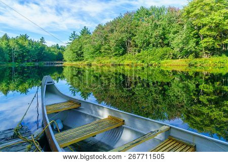 View Of A Boat And The Mersey River, In Kejimkujik National Park, Nova Scotia, Canada