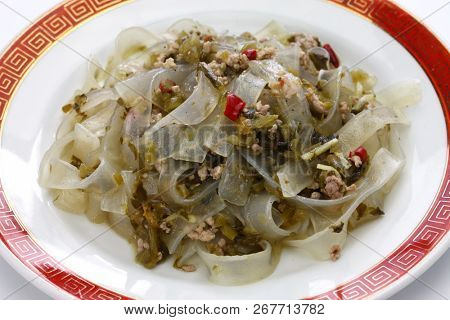 fenpi, green bean sheet jelly noodles with pickled cabbage, chinese home cooking
