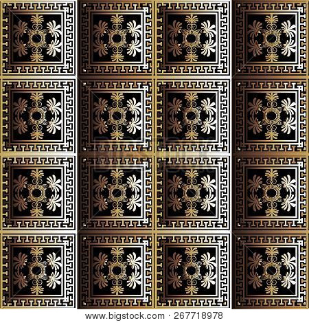 Abstract Checkered Floral 3d Greek Vector Seamless Pattern. Orna