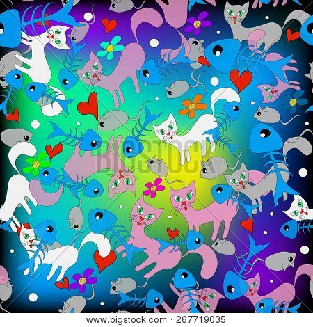 Colorful Doodle Cartoon Cats Vector Seamless Pattern. Bright Han