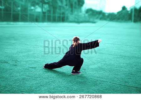 Taichi Wushu Master Woman Outdoors In Move