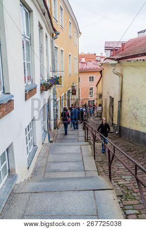 Tallinn, Estonia - August 22, 2016: Luhike Jalg Street In The Old Town In Tallinn, Estonia