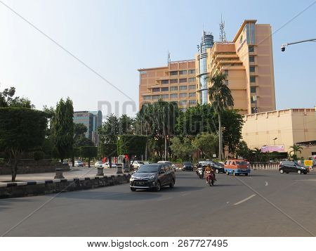Semarang, Indonesia - October 28, 2018: Traffic On Jalan Simpang Lima.