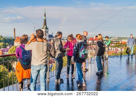 Tallinn, Estonia - August 23, 2016: People Watch Skyline Of The Old Town Of Tallinn From Patkuli Vie