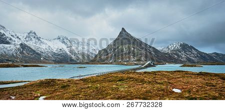 Panorama of Fredvang Bridges in winter. Lofoten islands, Norway