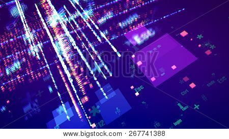 Blurred Cyber Symbols In Violet Cosmos