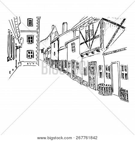 Old European Town Street. Prague. Vector Hand Drawn Sketch. Zlata Ulicka - Golden Street. Ink Pen Sk