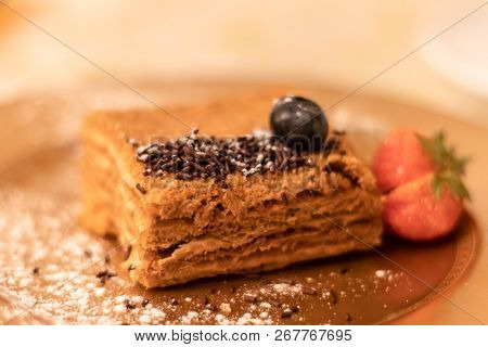 Honey Cake With Strawberry. Close Up. Delicious Dessert
