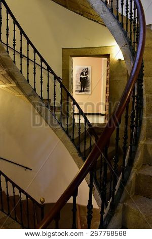 Santiago de Compostela, Spain. September 2018. Galician People Museum, San Domingo de Bonaval. Triple helical staircase and piper.