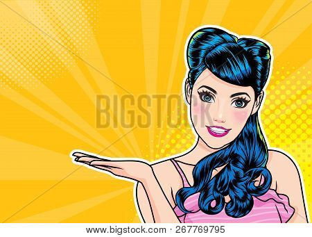 Smiling Woman Gesture Presenting Something  With Dot Background Pop Art Comics Style.
