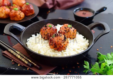 Spicy Chicken Balls In Sweet Chilly Glazur With Rice