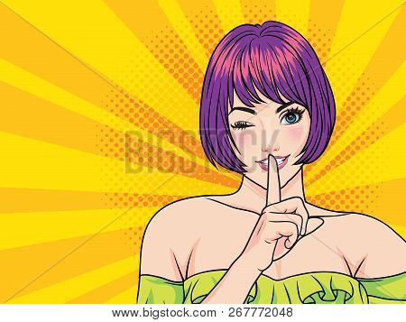 Woman With Finger On Lips, Silence Gesture, Pop Art Style Woman Banner, Shut Up.woman With Message S