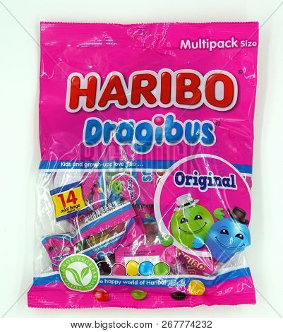 Amsterdam, The Netherlands - November 9, 2018: Haribo Dragibus Vegan Candy Back Against A White Back