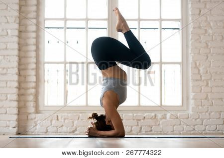Young Attractive Woman Practicing Yoga, Variation Of Salamba Sir