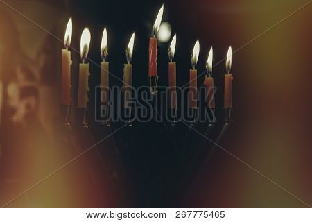 Close Up Of A Hanukkiah With Candles At Night Chanukah Menorah Chanukiah