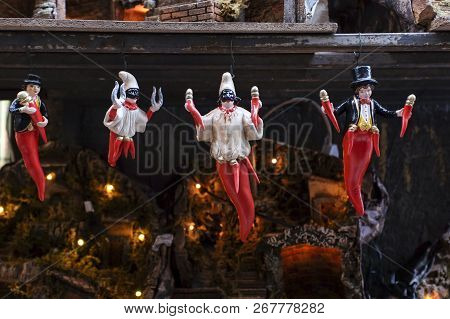 Statues Of Pulcinella Lucky Charm And Red Horns At The Souvenir Shop In Naples
