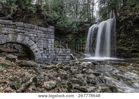Hilton Falls With The Ruins From The Far Side Of The Creek