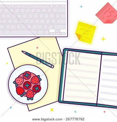 Flat Lay With Open Book, Strawberry, Keyboard And Stickers