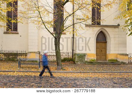 Side Door Of Gothic Church In Zatec Town. Autumn. Czech Republic.