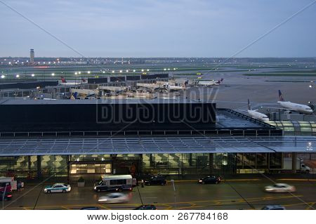 Chicago, Illinois, United States - May 11th, 2018: Several Airplanes At The Gate At Chicago Ohare In