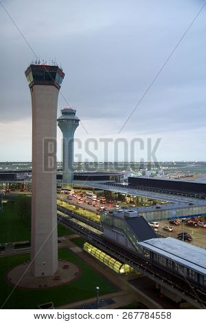 Chicago, Illinois, United States - May 11th, 2018: Air Traffic Control Tower At Ohare International 