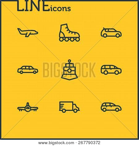 Illustration Of 9 Transport Icons Line Style. Editable Set Of Large Car, Plane, Aircraft And Other I