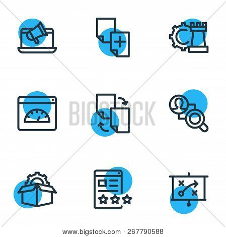 Illustration Of 9 Advertisement Icons Line Style. Editable Set Of Duplicate Content, Game Developing