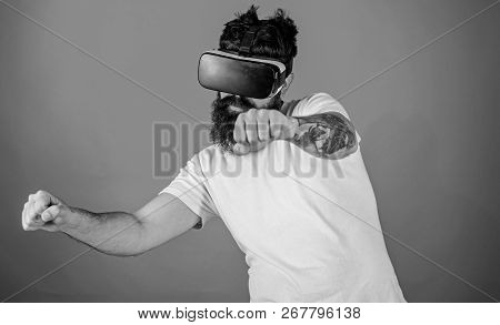 Virtual Racing Concept. Hipster On Confident Face Driving Bike On High Speed In Virtual Reality. Guy
