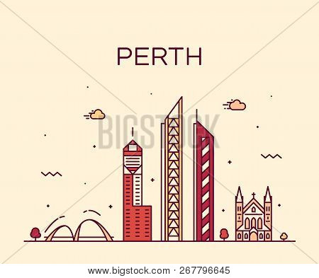 Perth City Skyline Western Australia Vector Linear
