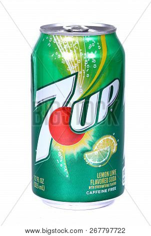 Novyy Urengoy, Russia - November 7, 2018: Aluminium Can Of The 7up Lemon Lime Isolated Over White Ba
