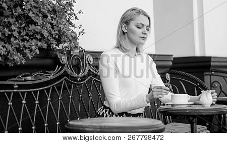 Great Start Of Day. Woman Elegant Calm Face Have Coffee Cafe Terrace Outdoors. Girl Drink Coffee Eve