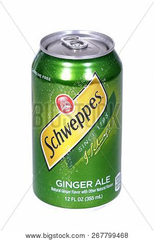 Novyy Urengoy, Russia - November 7, 2018: Aluminium Can Of The Schweppes Ginger Ale Isolated Over Wh
