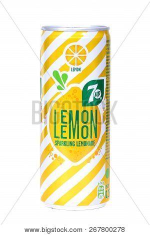 Novyy Urengoy, Russia - November 7, 2018: Aluminium Can Of The 7up Lemon Isolated Over White Backgro