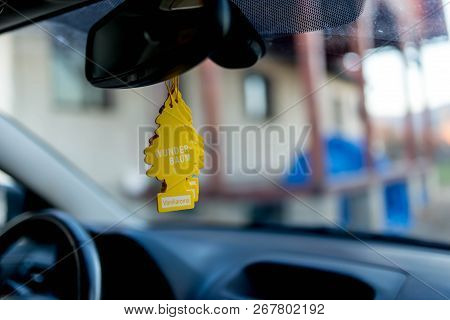Miercurea Ciuc, Romania-09 November  2018: Hanging Wunder Baum Air Fresheners On Car Interior Close 