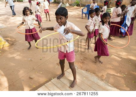 Puduchery, India - March Circa, 2018 : Unidentified Boys And Girls At School Playing With New Games 