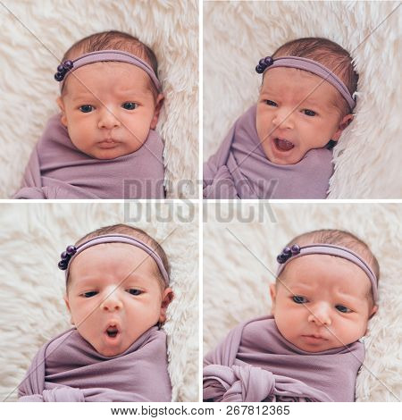 Four Photos In One: 4 Baby Newborn Faces Close-up With Different Facial Expressions