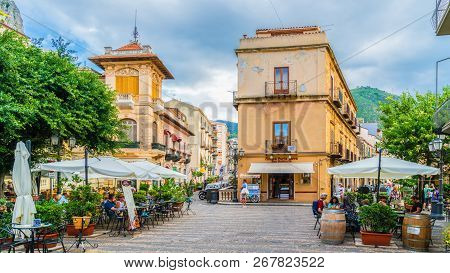 Cefalu, Sicily - September  24, 2018:
Historic Village Of Cefalu With Terrace, Bar And Restaurant In