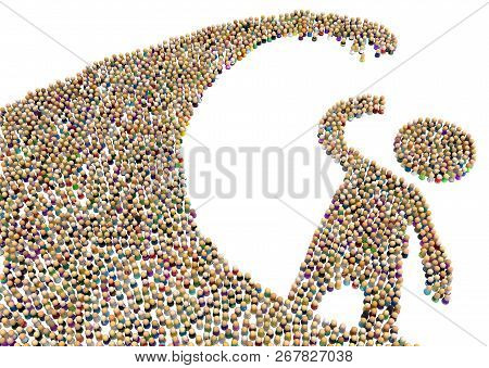 Crowd Of Small Symbolic Figures Forming Big Person Shape Tidal Wave, 3d Illustration, Horizontal, Is