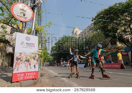 Kolkata, West Bengal, India - March 15th 2015 : Children Rollerskating On Park Street For 