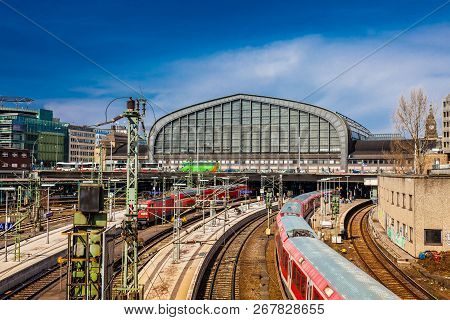 Hamburg, Germany - March, 2018: Red Train At The Hamburg Railway Central Station