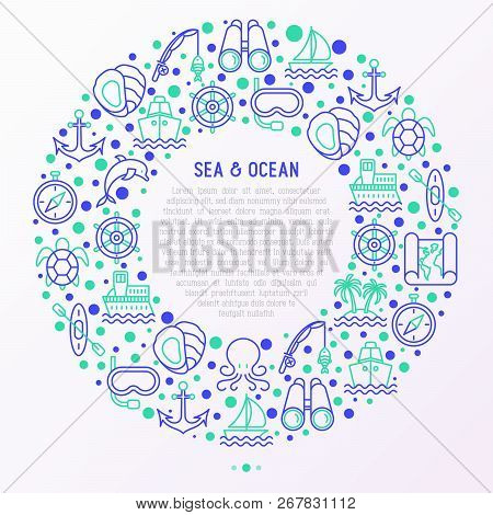 Sea And Ocean Journey Concept In Circle With Thin Line Icons: Sailboat, Fishing, Ship, Oysters, Anch