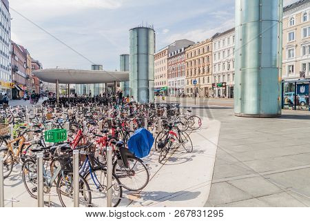 Copenhagen, Denmark - August 28, 2016: Rows Of Bicycles At Norreport In Copenhagen